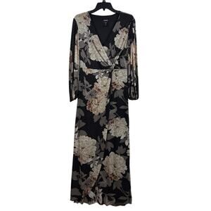 Alexa B Dark Floral Faux Wrap Maxi Dress Size 10 Sheer Balloon Sleeve Whimsigoth